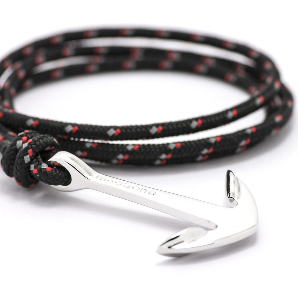 Silver Anchor On Black & Red Rope Bracelet - BIJOUONE