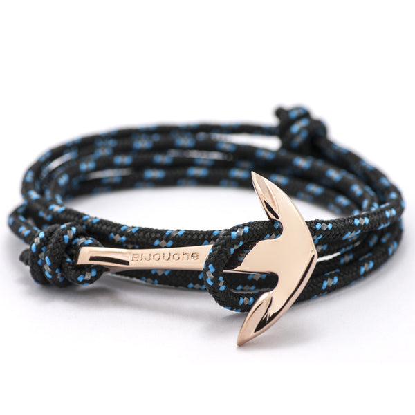 Rose Gold Anchor On Black & Blue Rope Bracelet - BIJOUONE