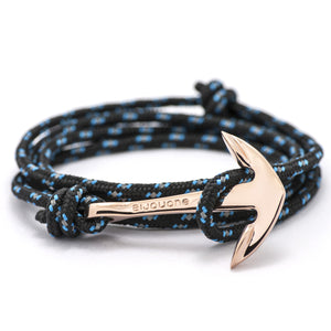 Rose Gold Anchor On Black & Blue Rope Bracelet - BIJOUONE