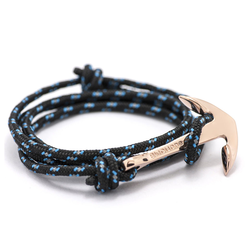 Rose Gold Anchor On Black & Blue Rope Bracelet - BIJOUONE