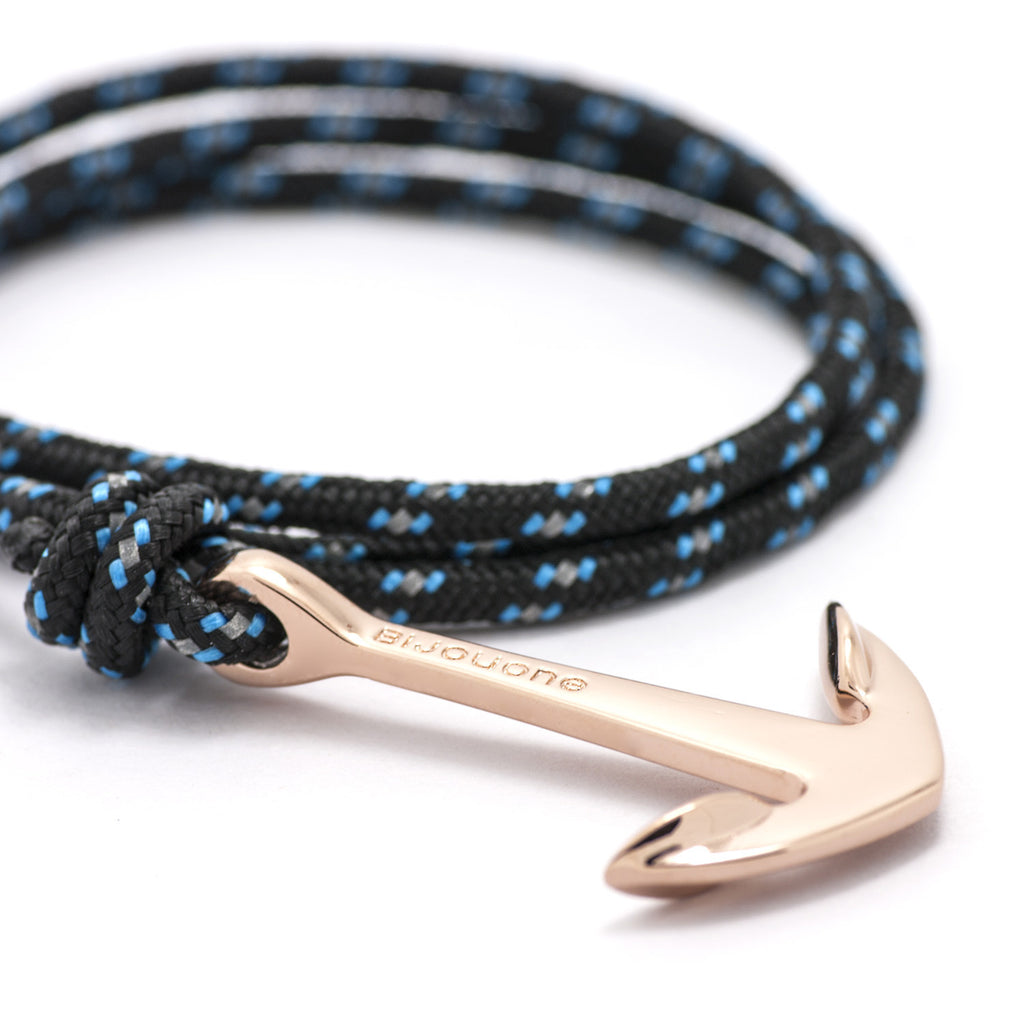 Rose Gold Anchor On Black & Blue Rope Bracelet - BIJOUONE