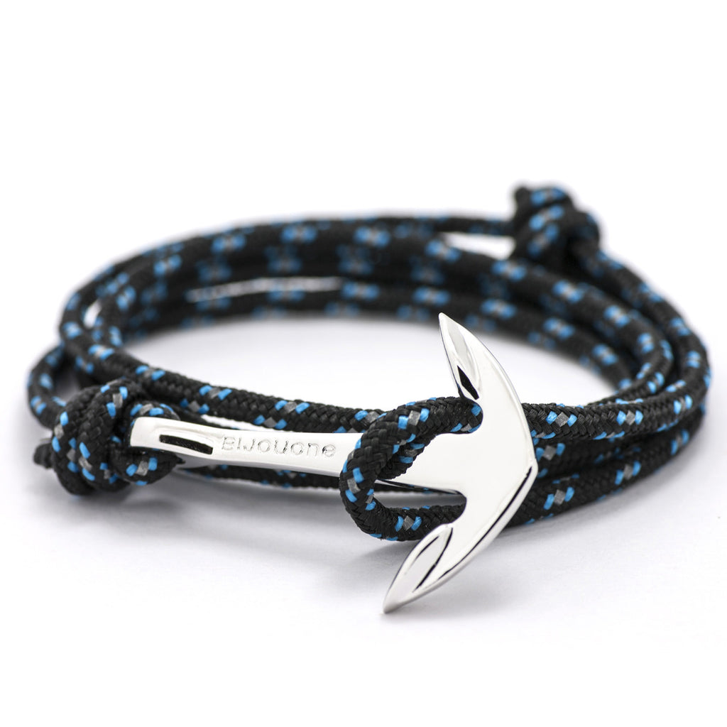 Silver Anchor On Black & Blue Rope Bracelet - BIJOUONE