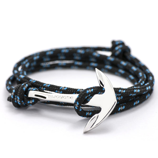 Silver Anchor On Black & Blue Rope Bracelet - BIJOUONE