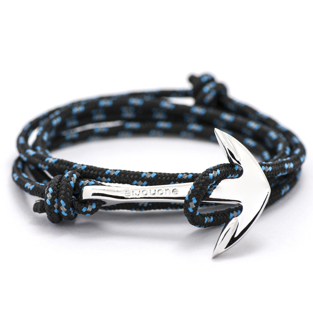 Silver Anchor On Black & Blue Rope Bracelet - BIJOUONE