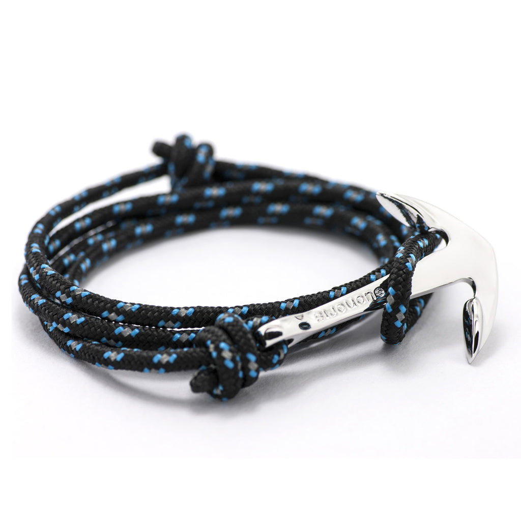 Silver Anchor On Black & Blue Rope Bracelet - BIJOUONE
