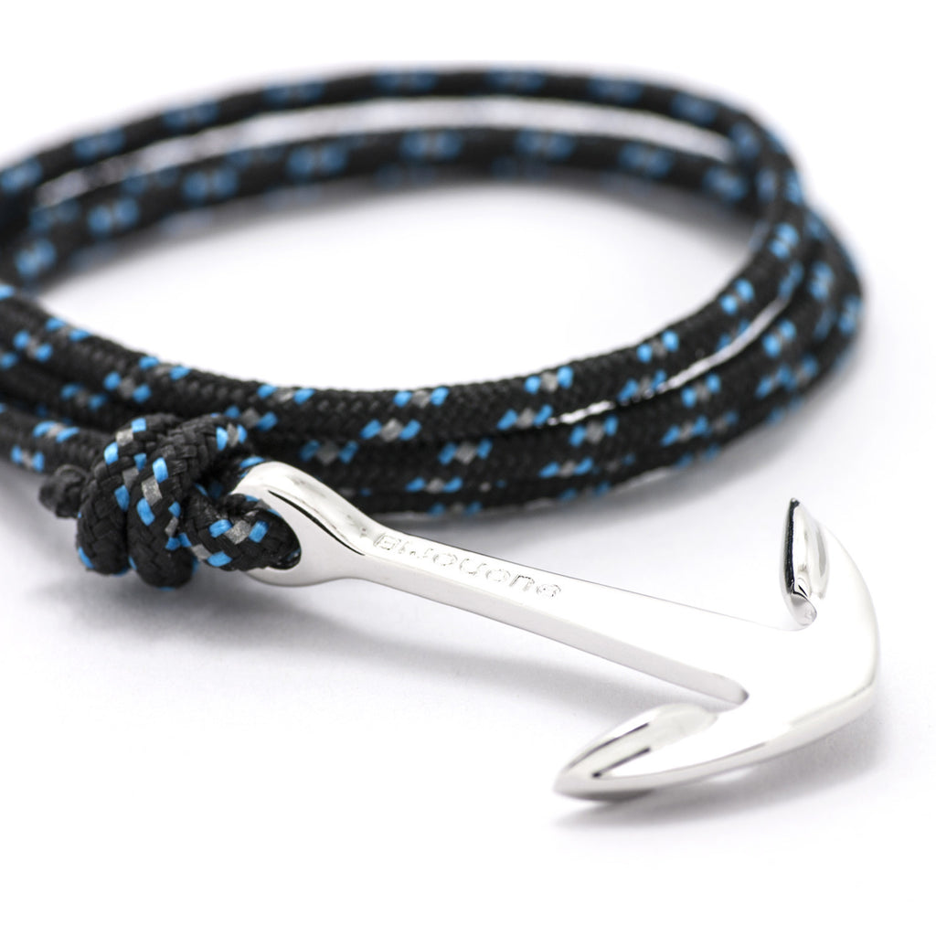Silver Anchor On Black & Blue Rope Bracelet - BIJOUONE