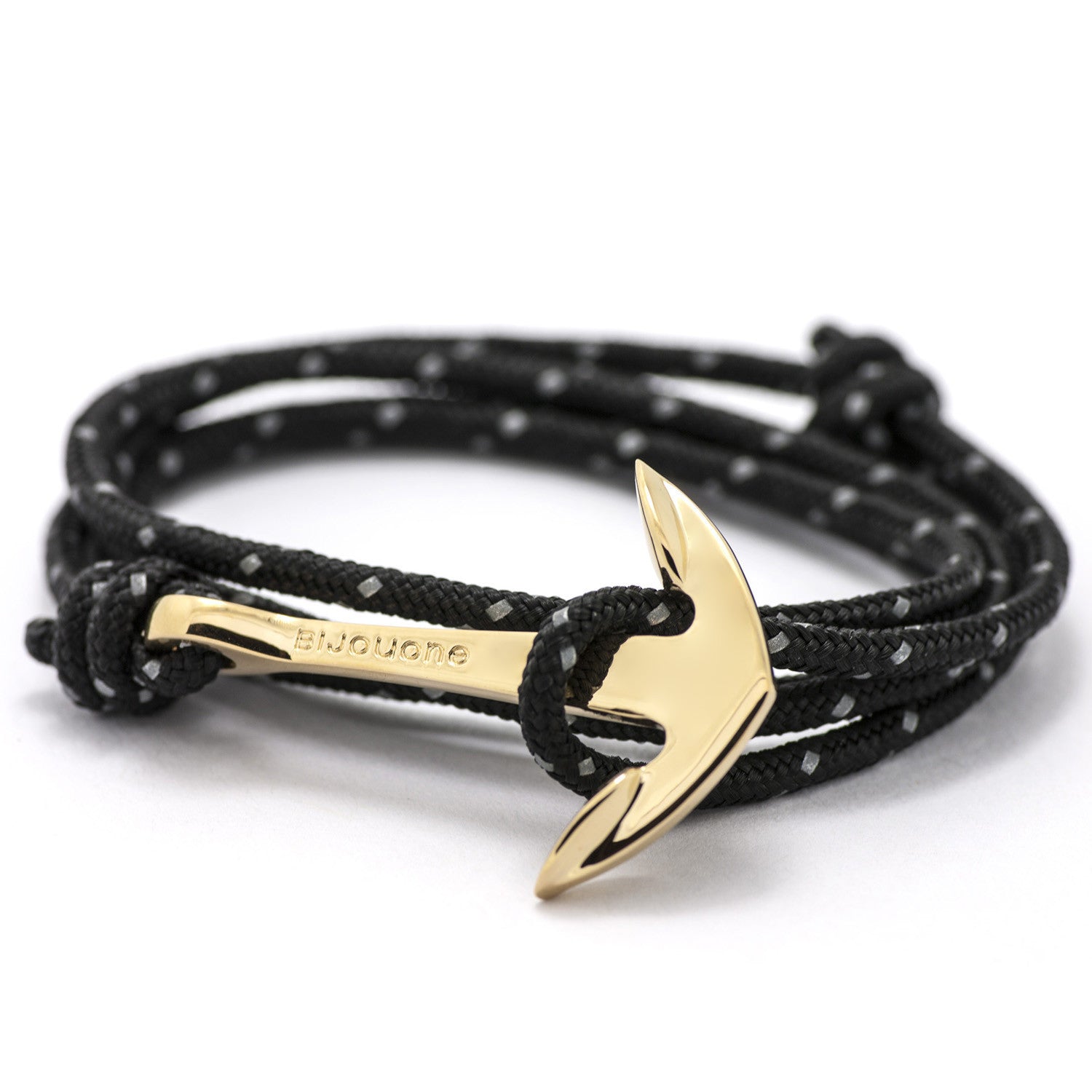 Gold Anchor On Black Reflective Rope Bracelet - BIJOUONE