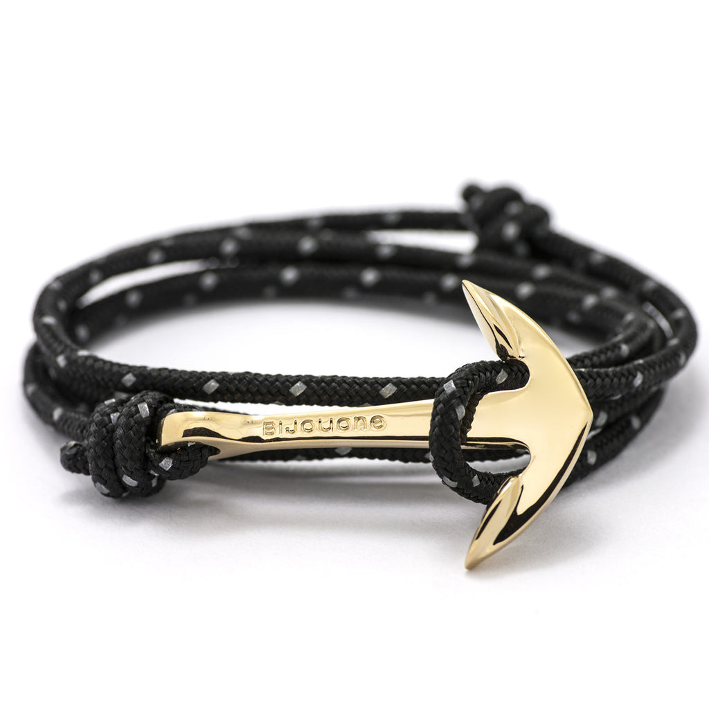Gold Anchor On Black Reflective Rope Bracelet - BIJOUONE