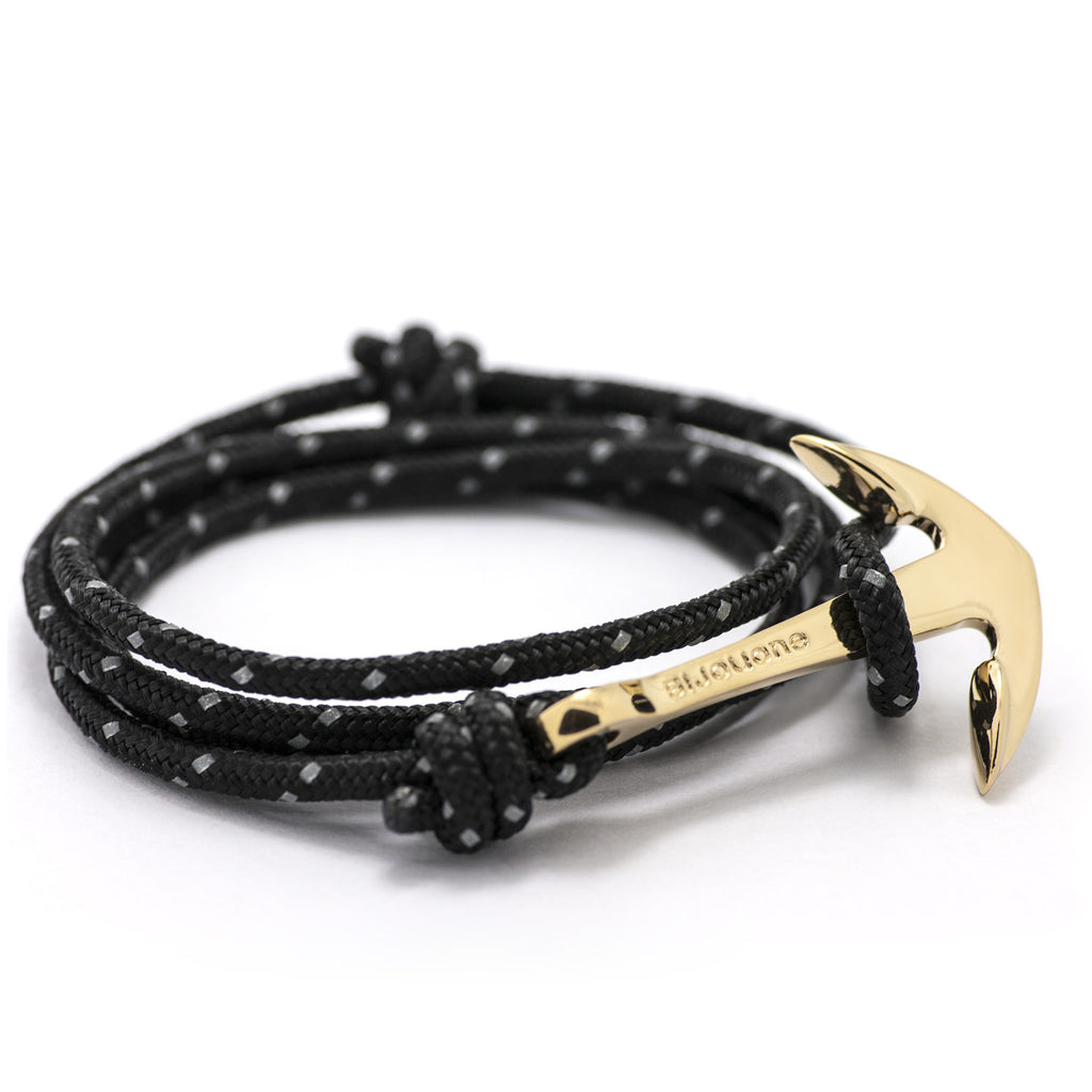 Gold Anchor On Black Reflective Rope Bracelet - BIJOUONE