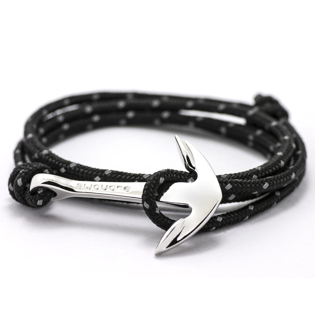 Silver Anchor On Black Reflective Rope Bracelet - BIJOUONE