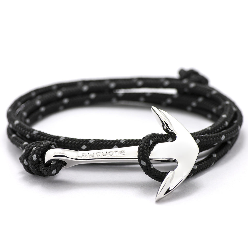 Silver Anchor On Black Reflective Rope Bracelet - BIJOUONE