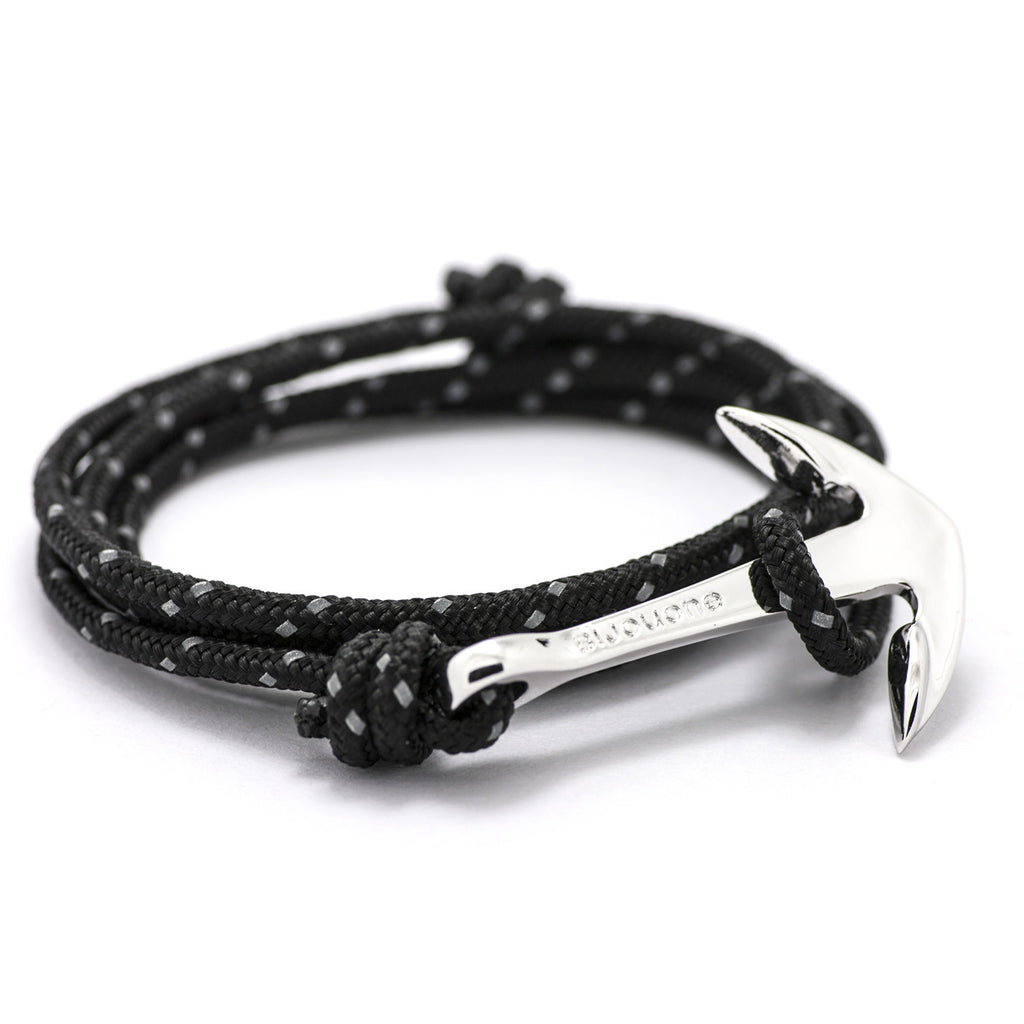 Silver Anchor On Black Reflective Rope Bracelet - BIJOUONE