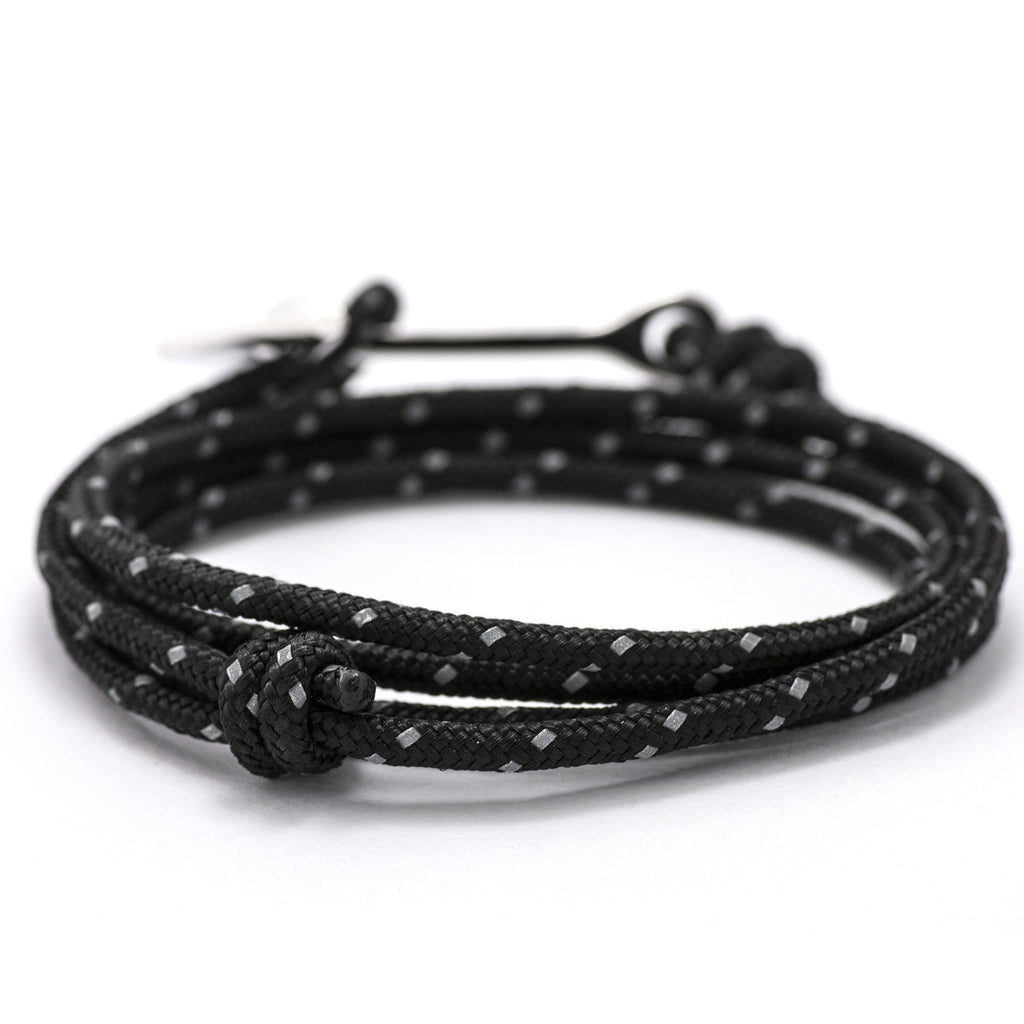 Silver Anchor On Black Reflective Rope Bracelet - BIJOUONE