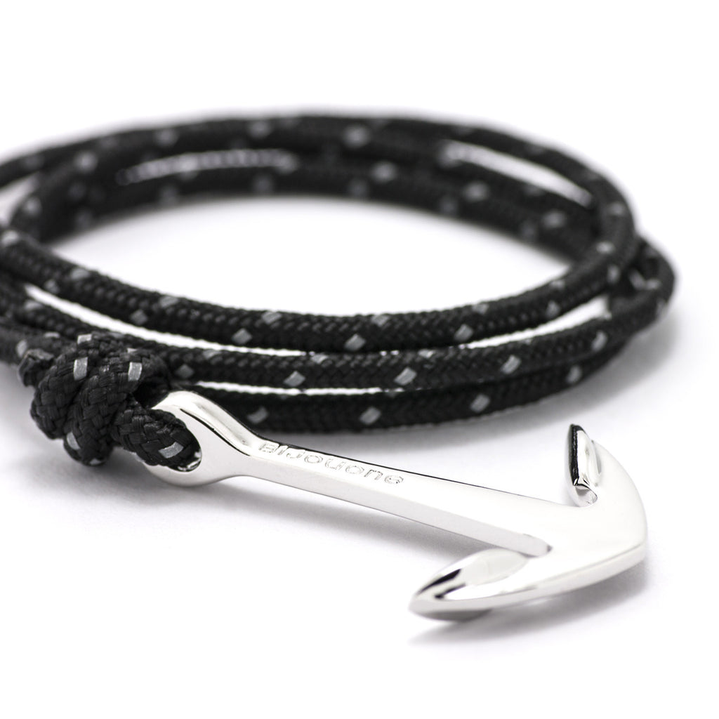 Silver Anchor On Black Reflective Rope Bracelet - BIJOUONE