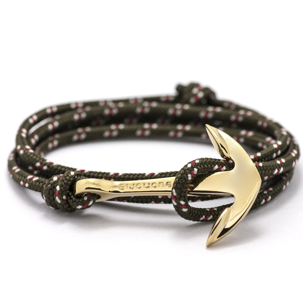 Gold Anchor On Olive Rope Bracelet - BIJOUONE