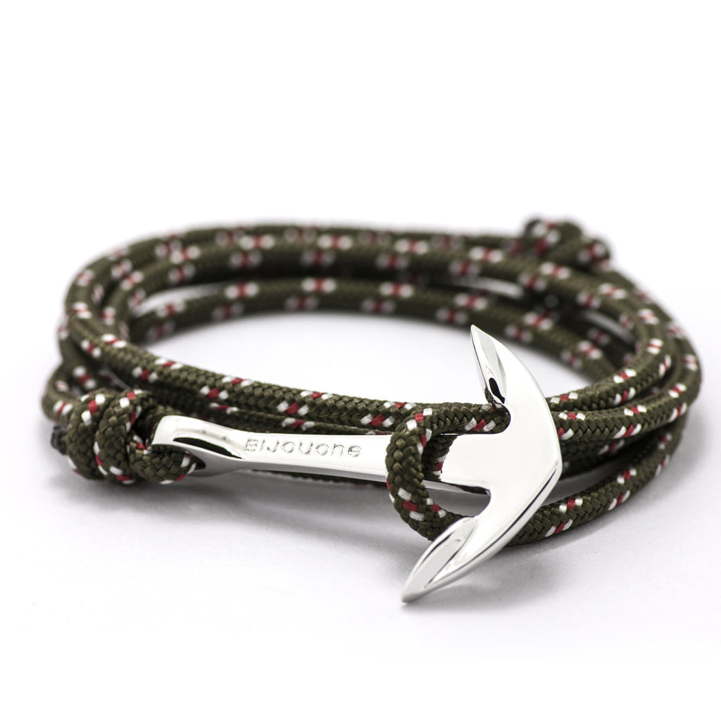 Silver Anchor On Olive Rope Bracelet - BIJOUONE