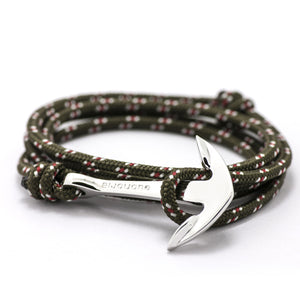 Silver Anchor On Olive Rope Bracelet - BIJOUONE