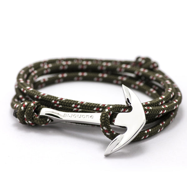 Silver Anchor On Olive Rope Bracelet - BIJOUONE