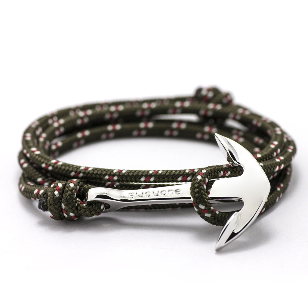 Silver Anchor On Olive Rope Bracelet - BIJOUONE