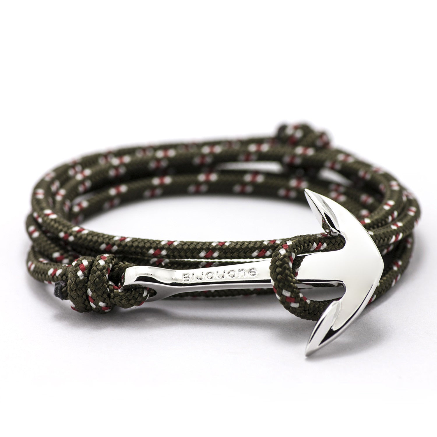 Silver Anchor On Olive Rope Bracelet - BIJOUONE