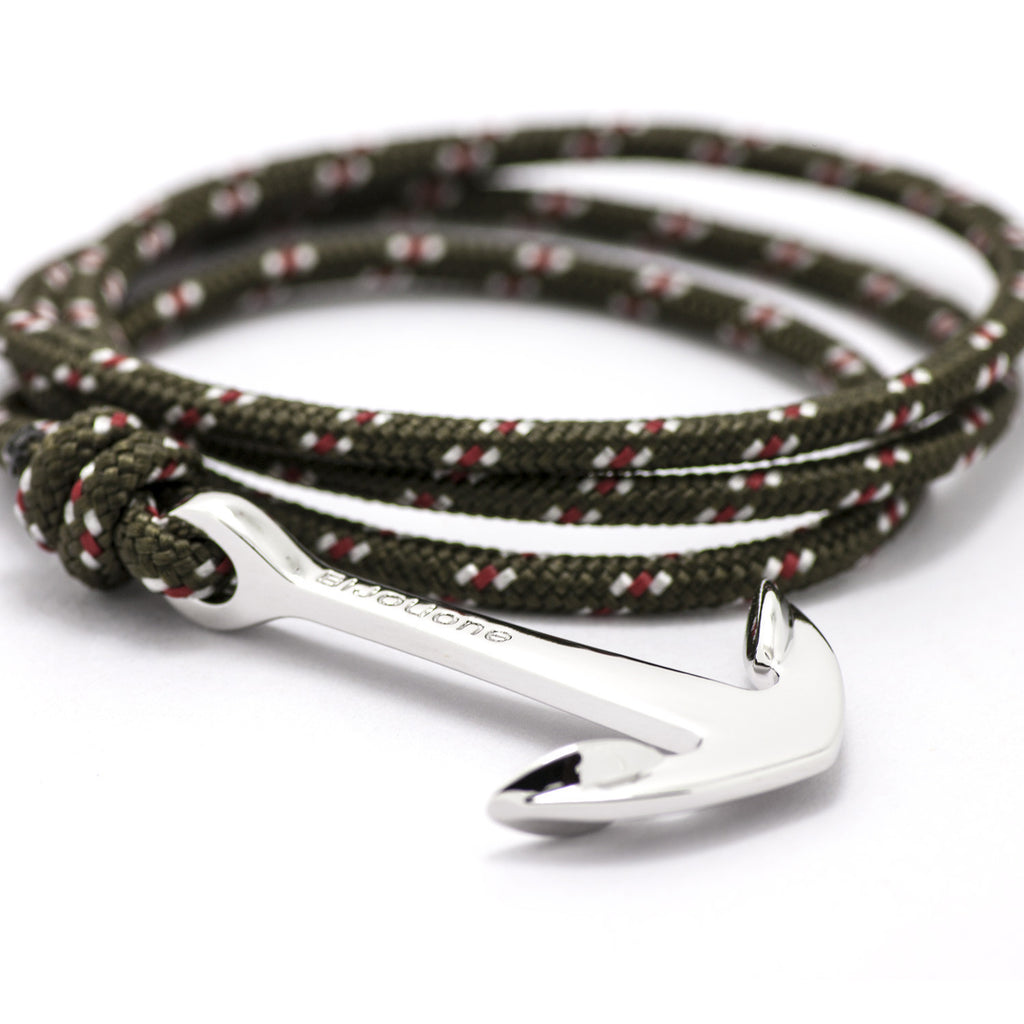Silver Anchor On Olive Rope Bracelet - BIJOUONE