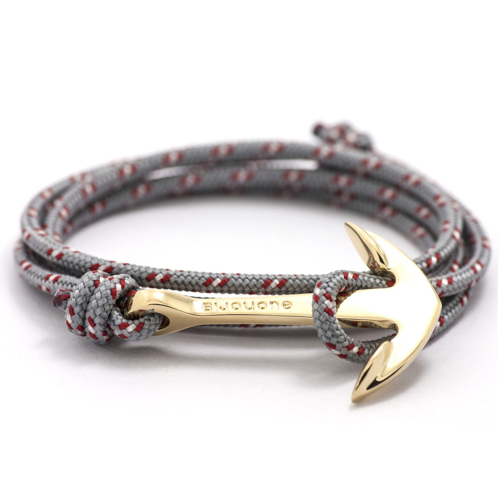 Gold Anchor On Gray & Red Rope Bracelet - BIJOUONE