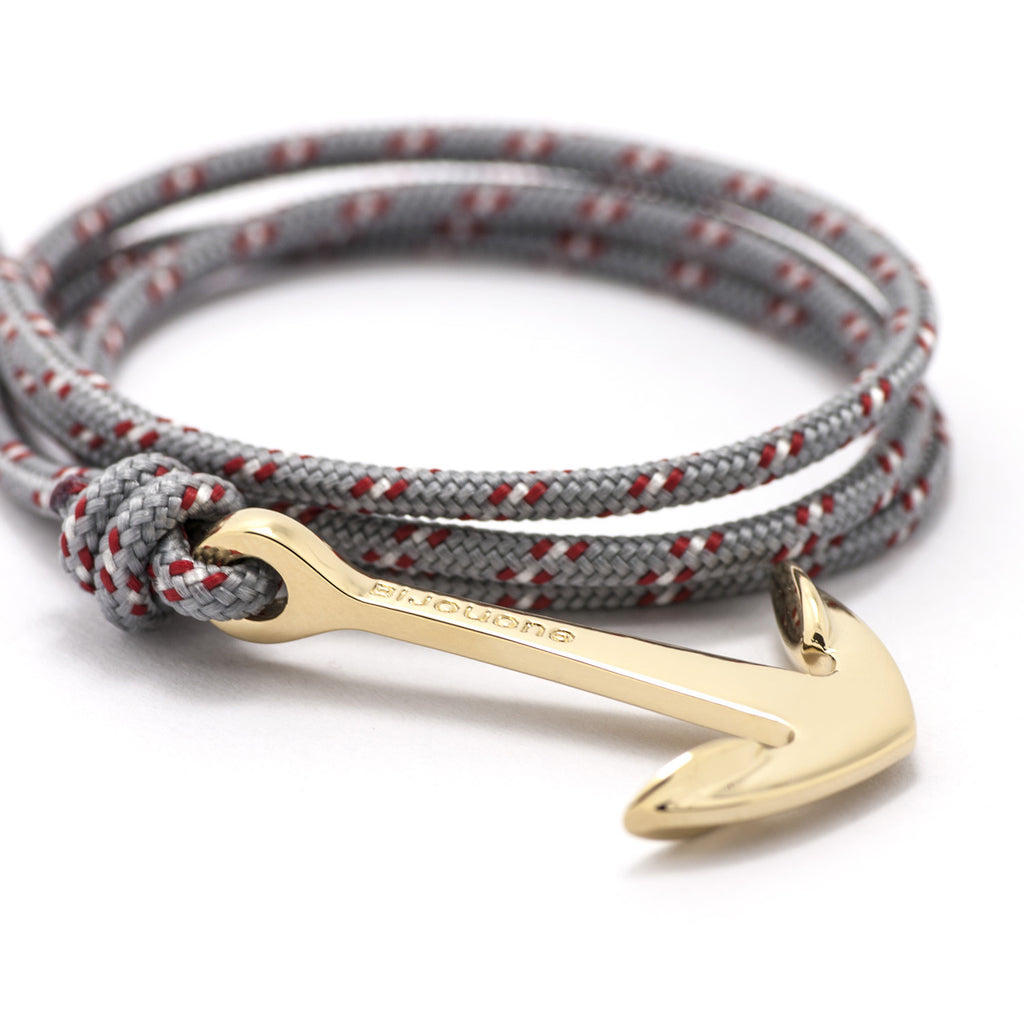 Gold Anchor On Gray & Red Rope Bracelet - BIJOUONE