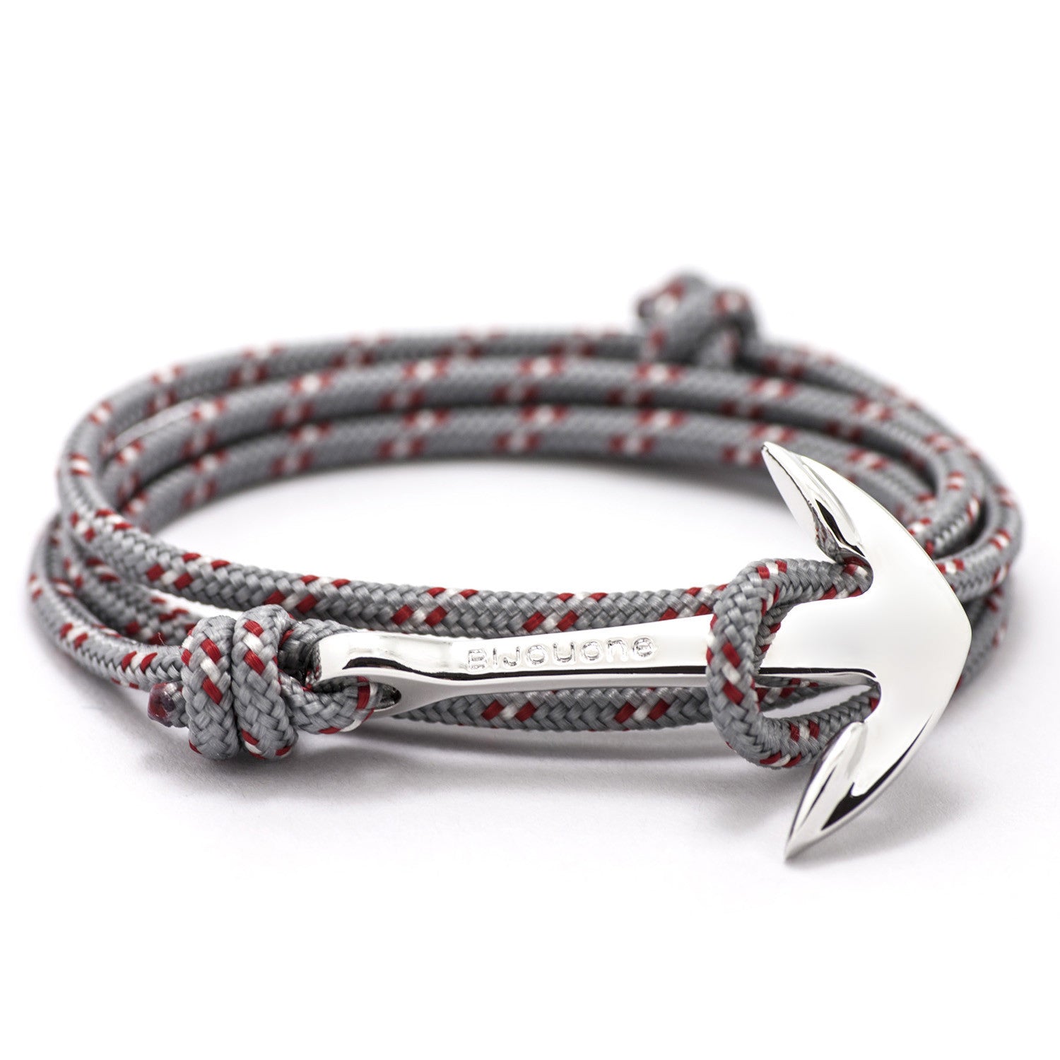 Silver Anchor On Gray & Red Rope Bracelet - BIJOUONE