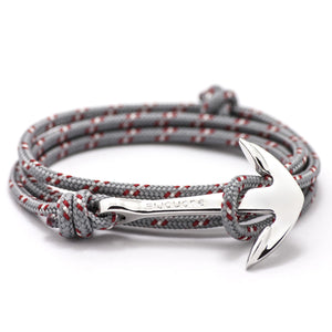Silver Anchor On Gray & Red Rope Bracelet - BIJOUONE