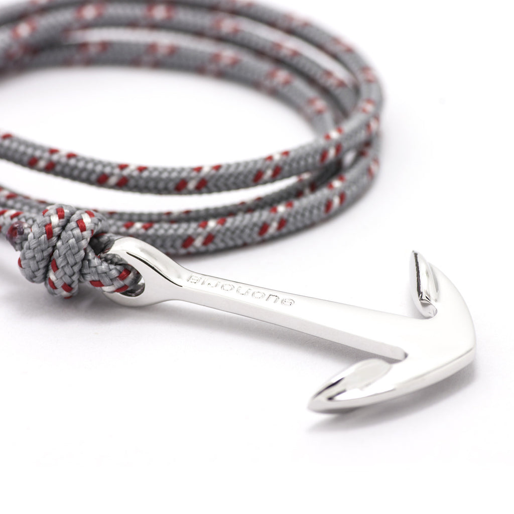 Silver Anchor On Gray & Red Rope Bracelet - BIJOUONE