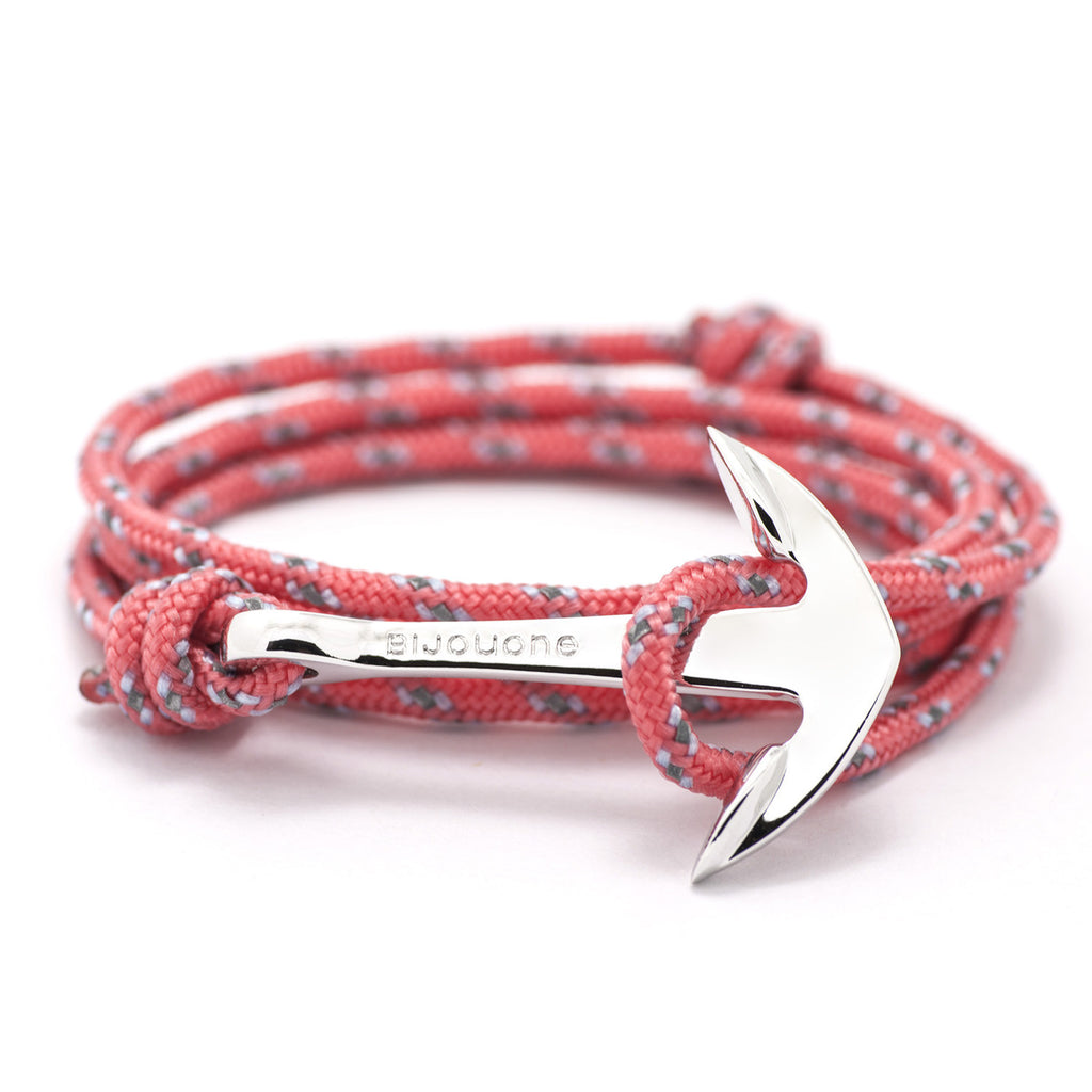 Silver Anchor On Salmon Rope Bracelet - BIJOUONE
