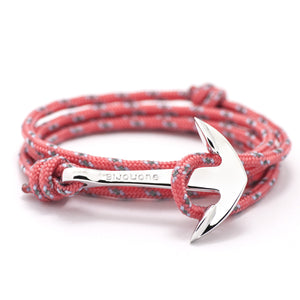 Silver Anchor On Salmon Rope Bracelet - BIJOUONE