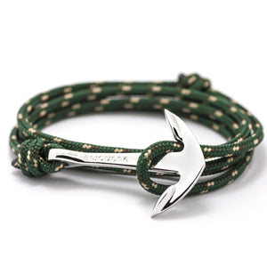 Silver Anchor On Hunter Green Rope Bracelet - BIJOUONE