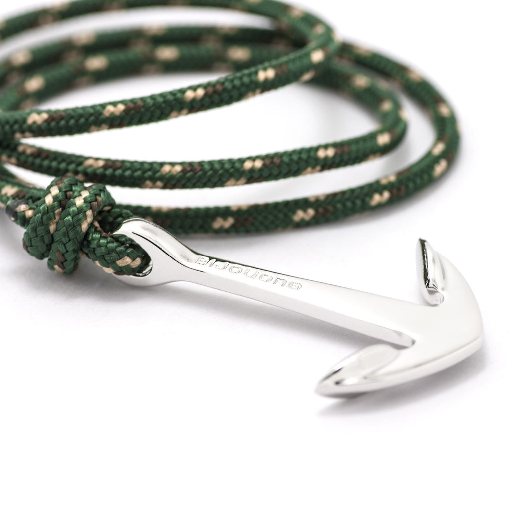 Silver Anchor On Hunter Green Rope Bracelet - BIJOUONE