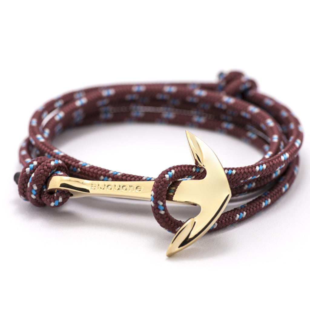 Gold Anchor On Burgundy Rope Bracelet - BIJOUONE