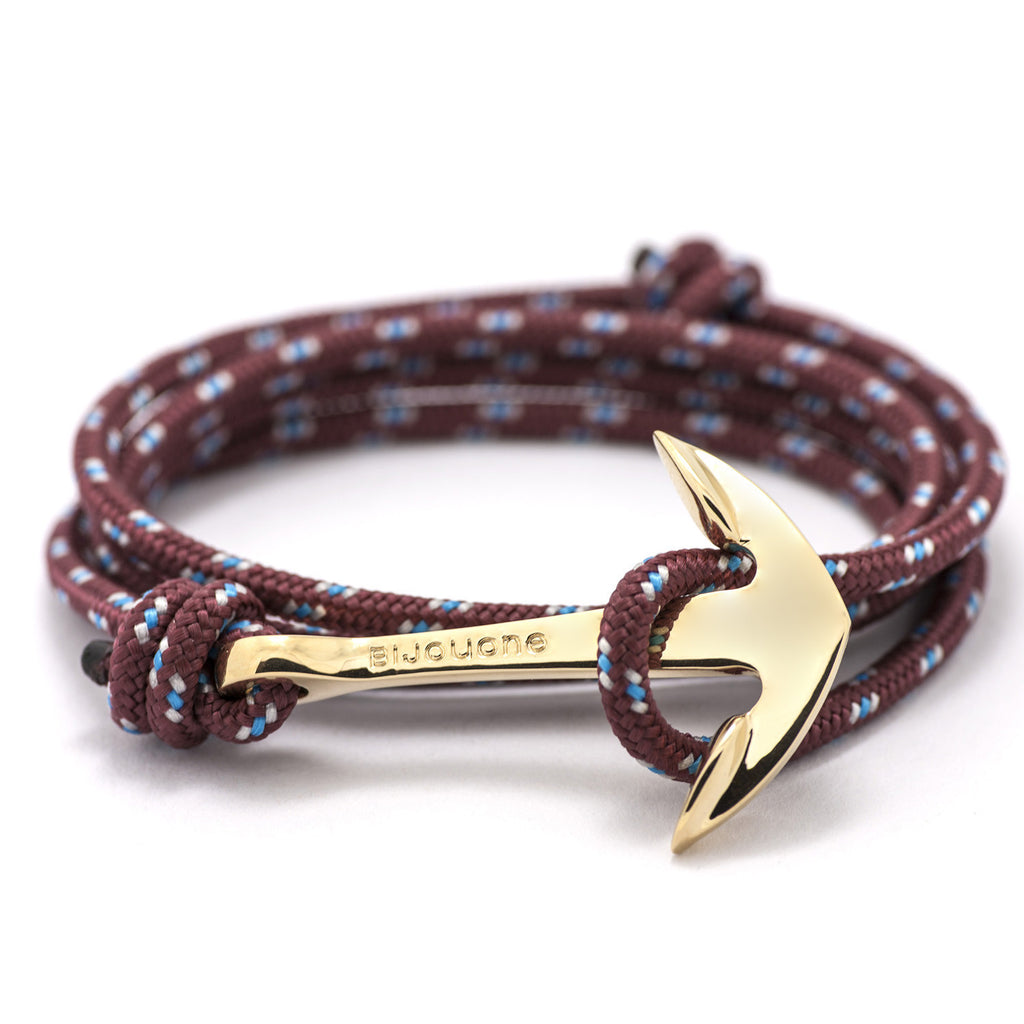 Gold Anchor On Burgundy Rope Bracelet - BIJOUONE
