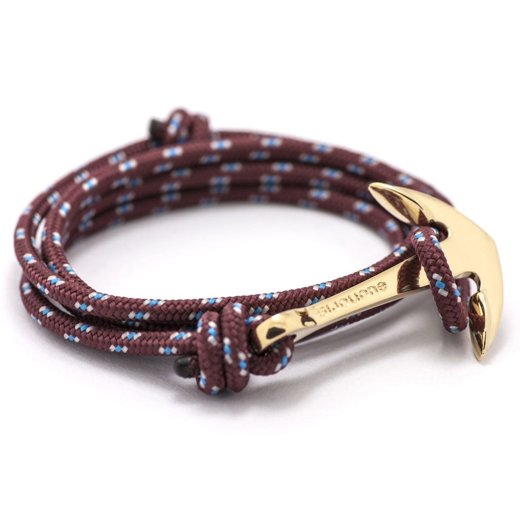 Gold Anchor On Burgundy Rope Bracelet - BIJOUONE