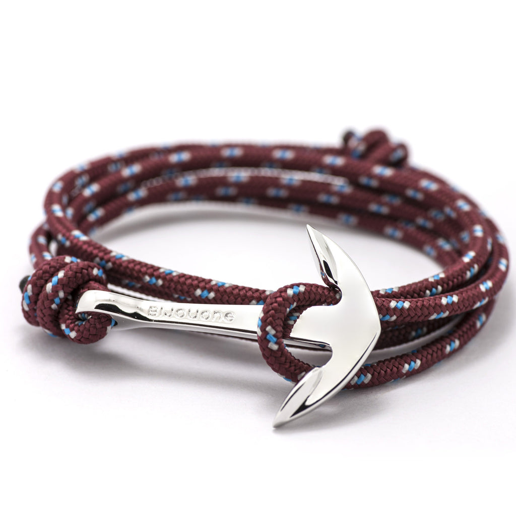 Silver Anchor On Burgundy Rope Bracelet - BIJOUONE