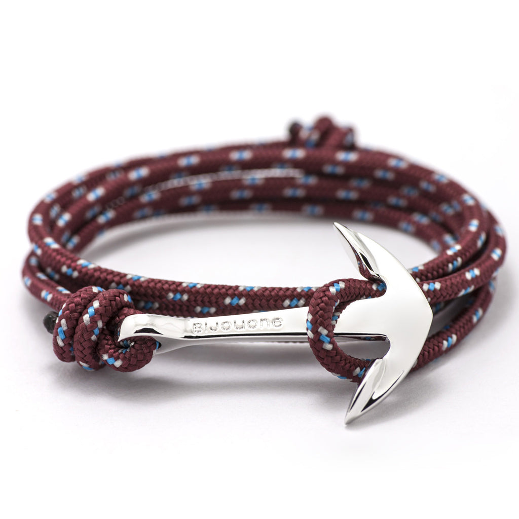 Silver Anchor On Burgundy Rope Bracelet - BIJOUONE