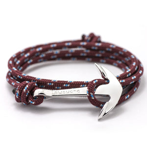 Silver Anchor On Burgundy Rope Bracelet - BIJOUONE