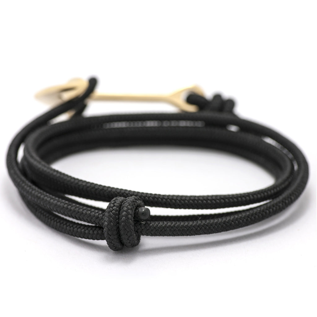 Gold Anchor On Solid Black Rope Bracelet - BIJOUONE