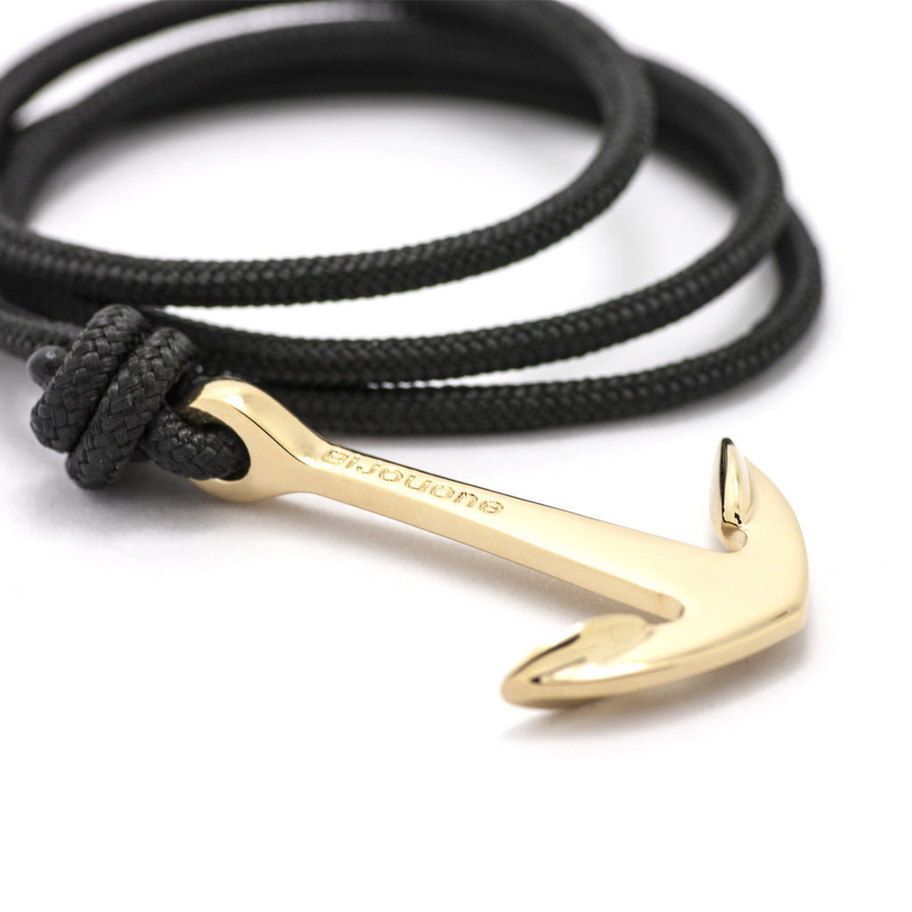Gold Anchor On Solid Black Rope Bracelet - BIJOUONE