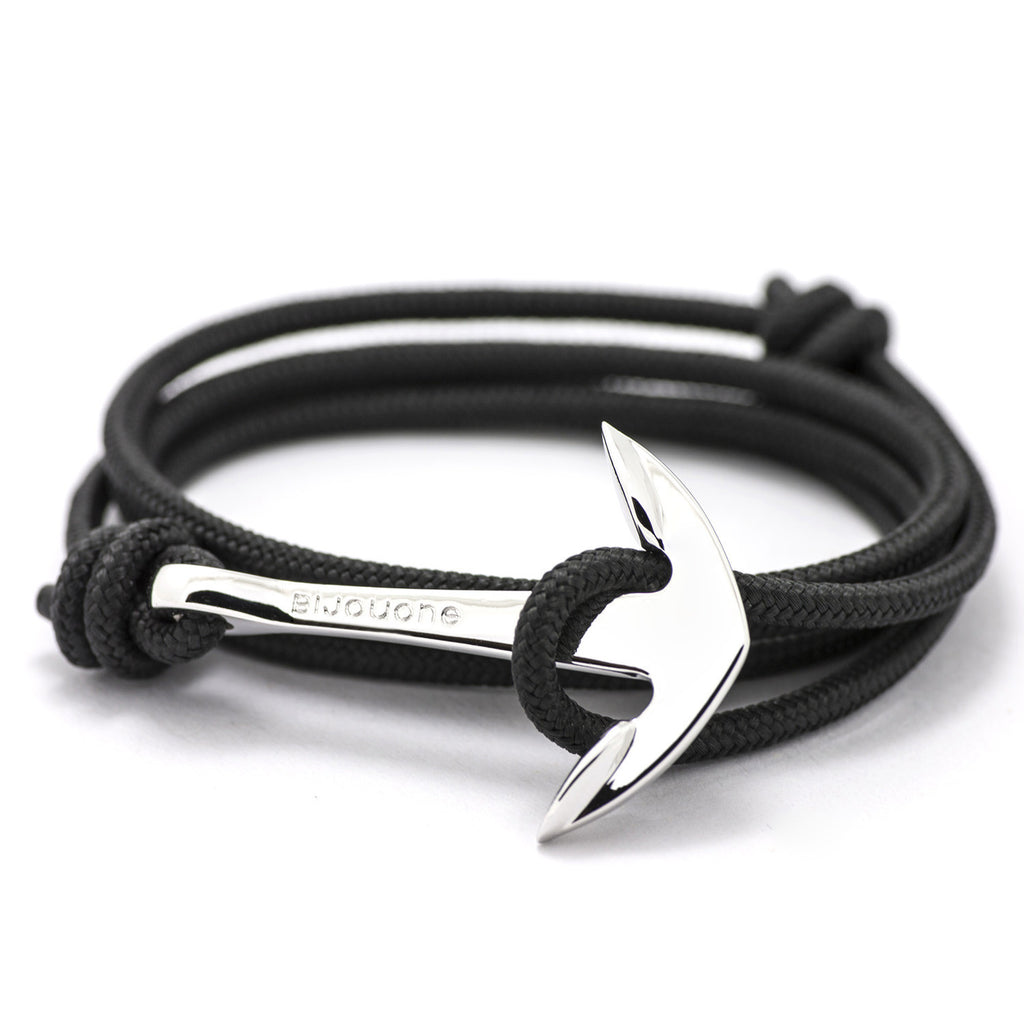 Silver Anchor On Solid Black Rope Bracelet - BIJOUONE