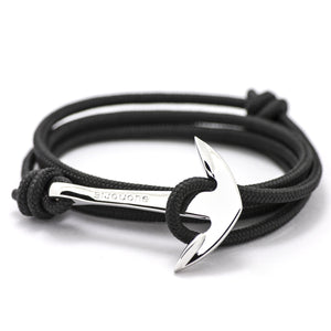 Silver Anchor On Solid Black Rope Bracelet - BIJOUONE