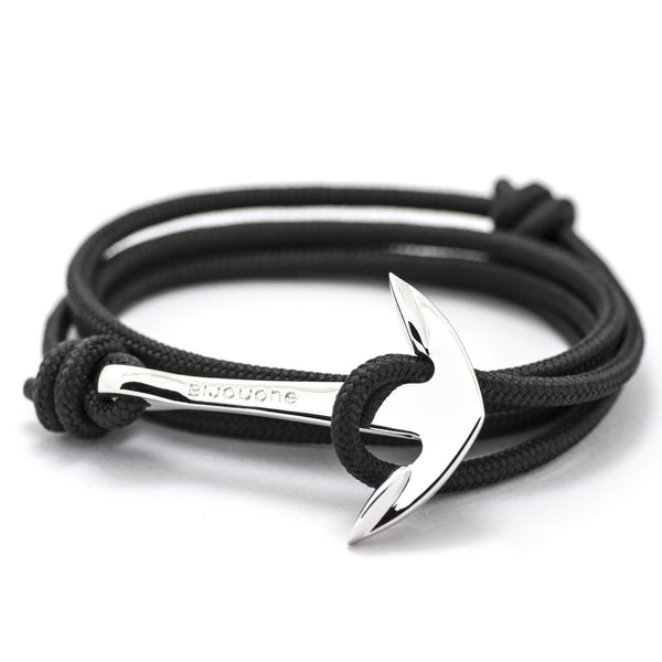 Silver Anchor On Solid Black Rope Bracelet - BIJOUONE