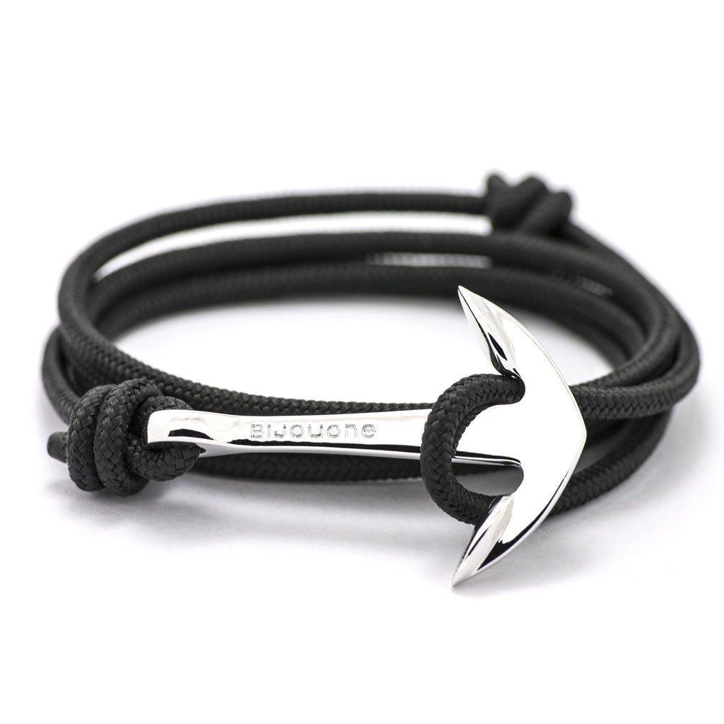 Silver Anchor On Solid Black Rope Bracelet - BIJOUONE