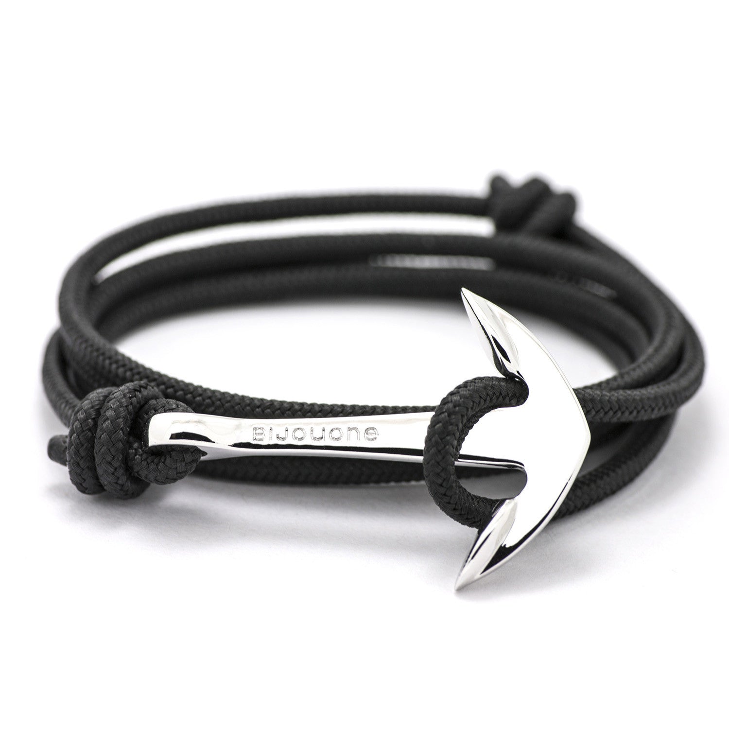 Silver Anchor On Solid Black Rope Bracelet - BIJOUONE