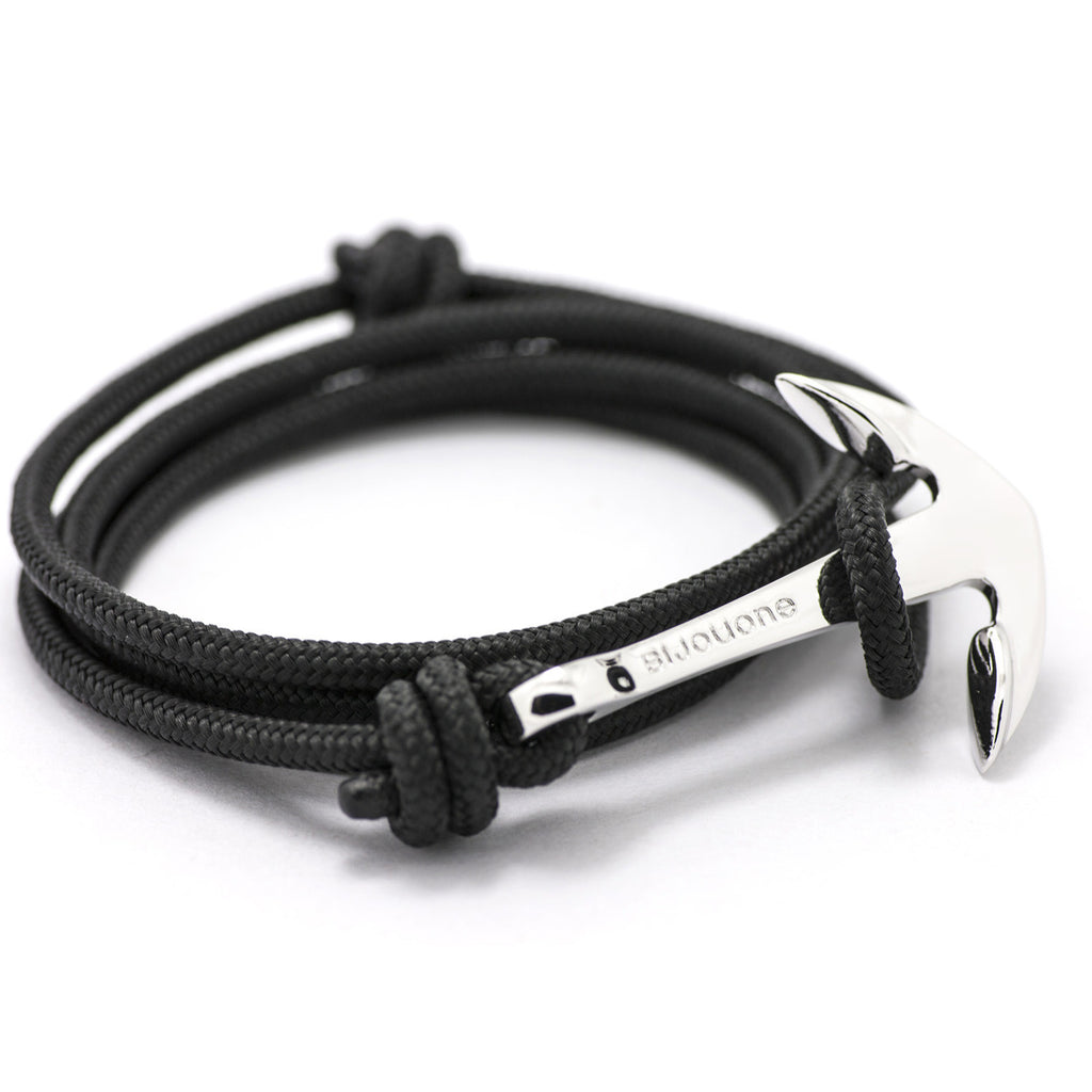 Silver Anchor On Solid Black Rope Bracelet - BIJOUONE