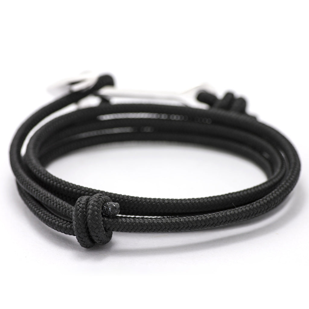 Silver Anchor On Solid Black Rope Bracelet - BIJOUONE