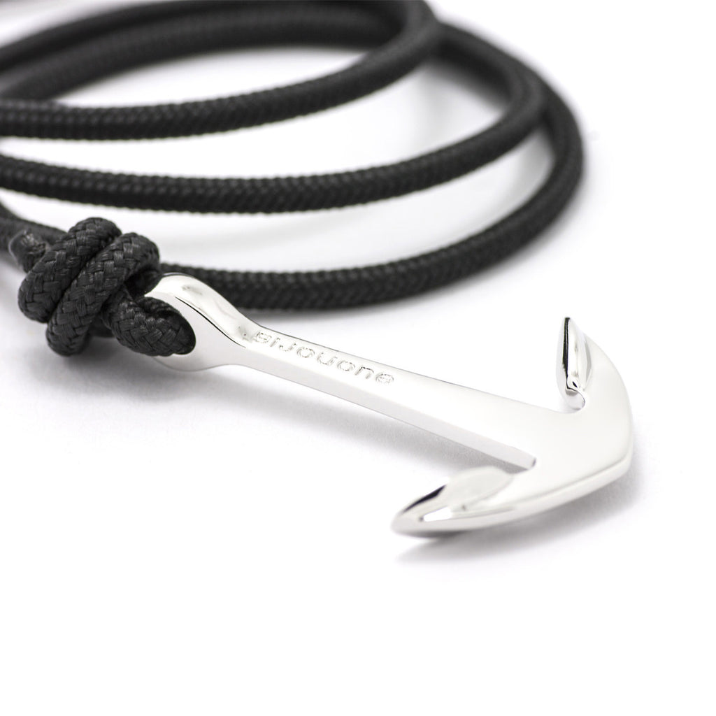 Silver Anchor On Solid Black Rope Bracelet - BIJOUONE